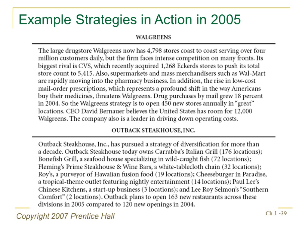 Copyright 2007 Prentice Hall Ch 1 -39 Example Strategies in Action in 2005